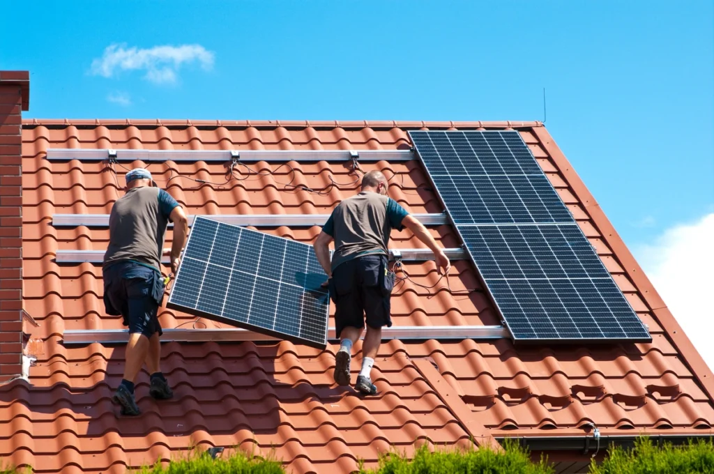 workers installing solar panels