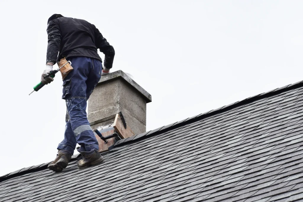 man walking on a roof with hand tools